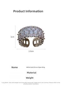 Detailed dimension chart of platinum-plated zircon open ring with copper material
