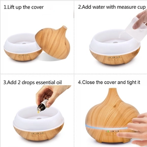 Four-step guide for wood grain ultrasonic diffuser: open cover, add water, and essential oils
