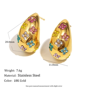 18K gold plated stainless steel teardrop earrings with colorful floral rhinestone accents