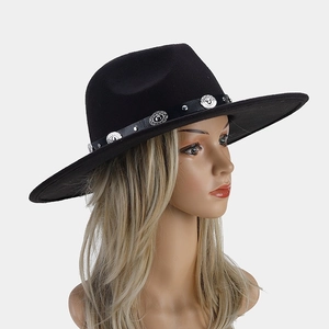 British style wide brim black fedora hat with silver metal studs and fringe decoration