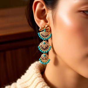 Gros plan de boucles d'oreilles vintage dorées en éventail avec perles bleues sur modèle