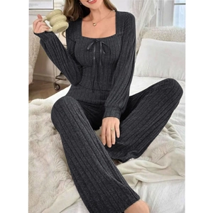 Deep grey ribbed loungewear set with bow-knot top and high-waist wide-leg pants