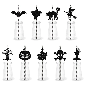 Glitter Paper Halloween Straw Toppers Bat Skull Ghost Pumpkin Silhouette Decorative Straw Inserts For Spooky Party Decor