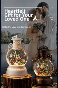 Close-up of vintage Christmas lantern music box with glowing snowman scene and glitter