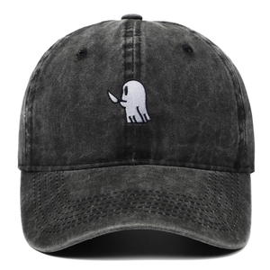 Charcoal grey washed cotton baseball cap with ghost holding dagger embroidery for outdoors