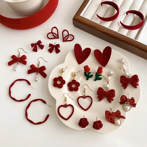 Red Flocked Bow Tulip Heart Stud Earrings With Silver Earring Post Retro Elegant Style For Women