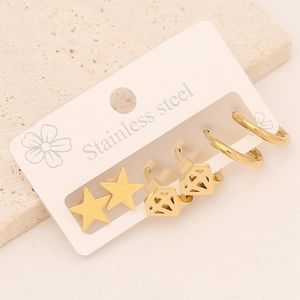 Three-piece set of golden stainless steel star, diamond, and hoop earrings on display card