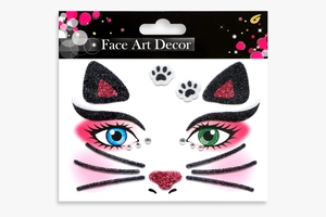 Macro view of glittery black cat face jewels including ears, nose, and whiskers stickers