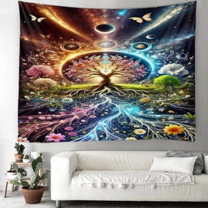 Detail of artistic tree of life tapestry with butterflies and stars in a cozy room