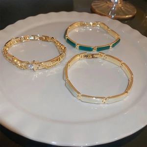 Gold Plated Copper Bracelet With Zircon And Cat Eye Stone Geometric Buckle Design Elegant Fashion Jewelry For Women