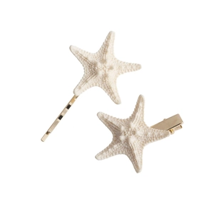Starfish hair clips set with realistic white starfish and gold metal hairpins