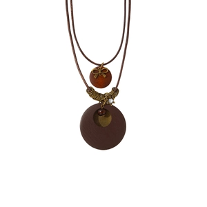 Bohemian double-layer brown wood necklace with metal bow and round pendants