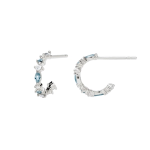 S925 silver C-shaped hoop earrings with light blue marquise gems and clear zircons
