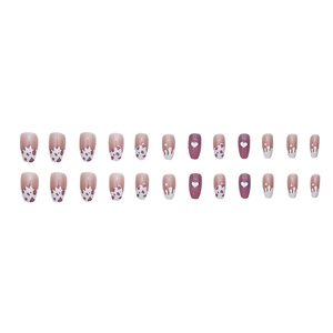 24pcs pink press-on nails with white French tips, cow print, and 3D heart accents