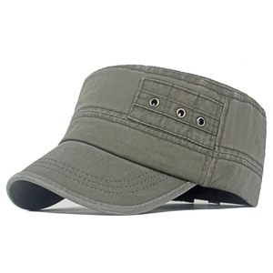 Army green flat top military cadet cap in washed cotton canvas with metal eyelets