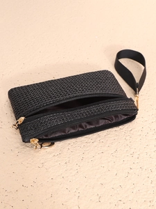 Handgefertigte schwarze Stroh-Handgelenktasche mit Doppelreißverschluss und Riemen
