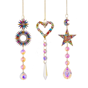 Three-piece set of sun, heart, and star crystal suncatchers with gold metal chains
