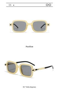 Front and 45-degree side view of vintage square sunglasses in cream and black color