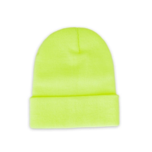Close-up of the neon yellow knitted beanie featuring classic ribbed design and fold-over cuff