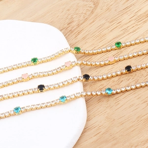 Micro-pushed zircon necklaces with colorful square stones on gold-plated tennis chains