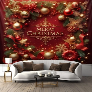 Close-up of Merry Christmas tapestry with pine branches and golden baubles on red background