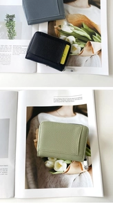 Three multi-slot accordion card holders in blue, black, and green litchi grain leather