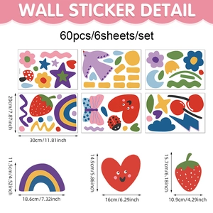 60pcs colorful rainbow and fruit wall stickers for kids room with size specifications