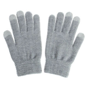 Detail of grey knitted touchscreen gloves with ribbed cuffs and conductive fingertips