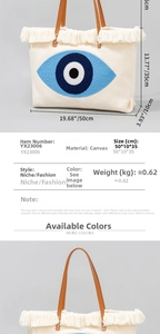 Detail showing embroidered evil eye tote bag with dimensions and material specs
