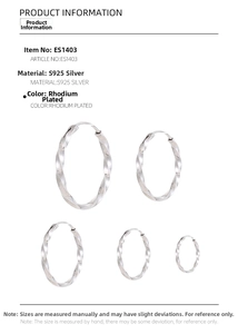 Detailed comparison of five sizes of S925 sterling silver twisted hoop earrings with dimensions