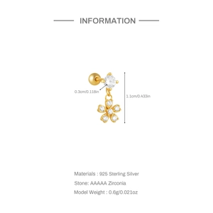 Detailed size specifications for 925 silver flower stud earring with AAAAA zirconia