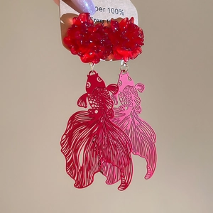 Detailed laser-cut hollow goldfish earrings with vibrant resin flower charms in red