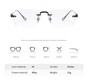 Detailed size chart for rimless square Y2K glasses with frame measurements and AC lens specs