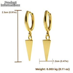 Detailed view of gold minimalist drop earrings with precise dimensions and weight specs