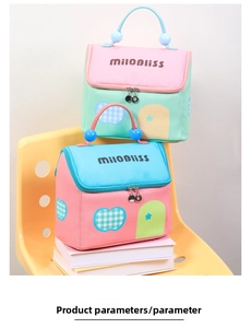 Macro shot of two colorful house-shaped cosmetic bags with top handles and zippers