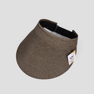 Detail of woven straw sun visor with UV care tag and adjustable strap in gray