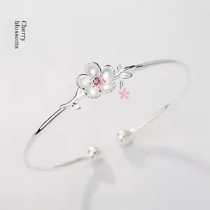 Cherry Blossom Open Cuff Bracelet Silver Plated Copper Pink Zirconia Flower Romantic Adjustable Bangle For Women