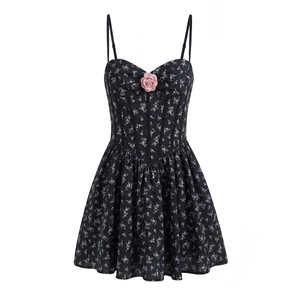 French vintage floral black mini dress with thin straps and 3D pink rose detail