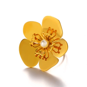 Bague vintage française fleur plaquée or 18K avec perle centrale en acier inoxydable
