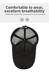 Detail of black mesh baseball cap showing breathable interior structure and adjustable strap