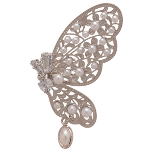 Manchette d'oreille papillon argentée avec cristaux zircon et perle pendante