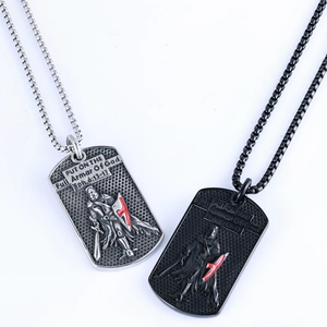 Silver and black knight dog tag necklaces with religious armor of God engraving