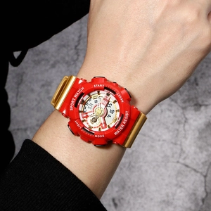 Red and gold digital sports watch on wrist featuring waterproof design and multi-functions
