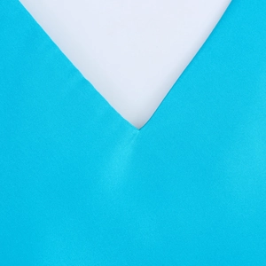 Close-up of the elegant V-neckline and smooth satin texture on this turquoise dress