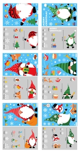 Detailed view of 6 Christmas window decals with size markings for Santa and Reindeer designs
