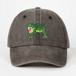 Vintage washed charcoal baseball cap with a green dinosaur embroidery on the front