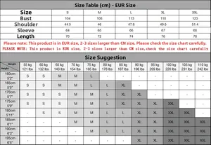 Detailed size chart for men's long sleeve polo shirt showing EU sizes from S to XXL