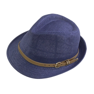 Navy blue straw fedora with brown leather belt and buckle on a white background
