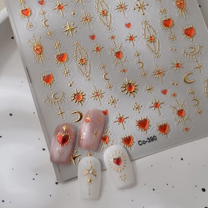 5D celestial nail stickers with gold-stamped heart, stars, and moon bohemian patterns