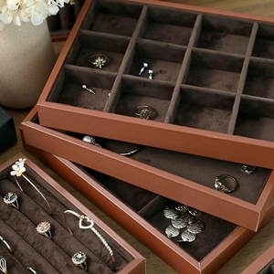 Brown leather jewelry tray set with coffee velvet lining for rings and earrings